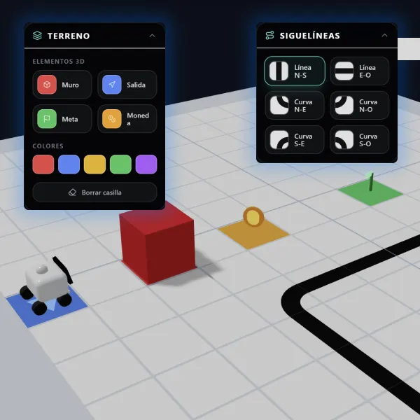 Tablero editable: muros, metas, monedas y pistas siguelíneas