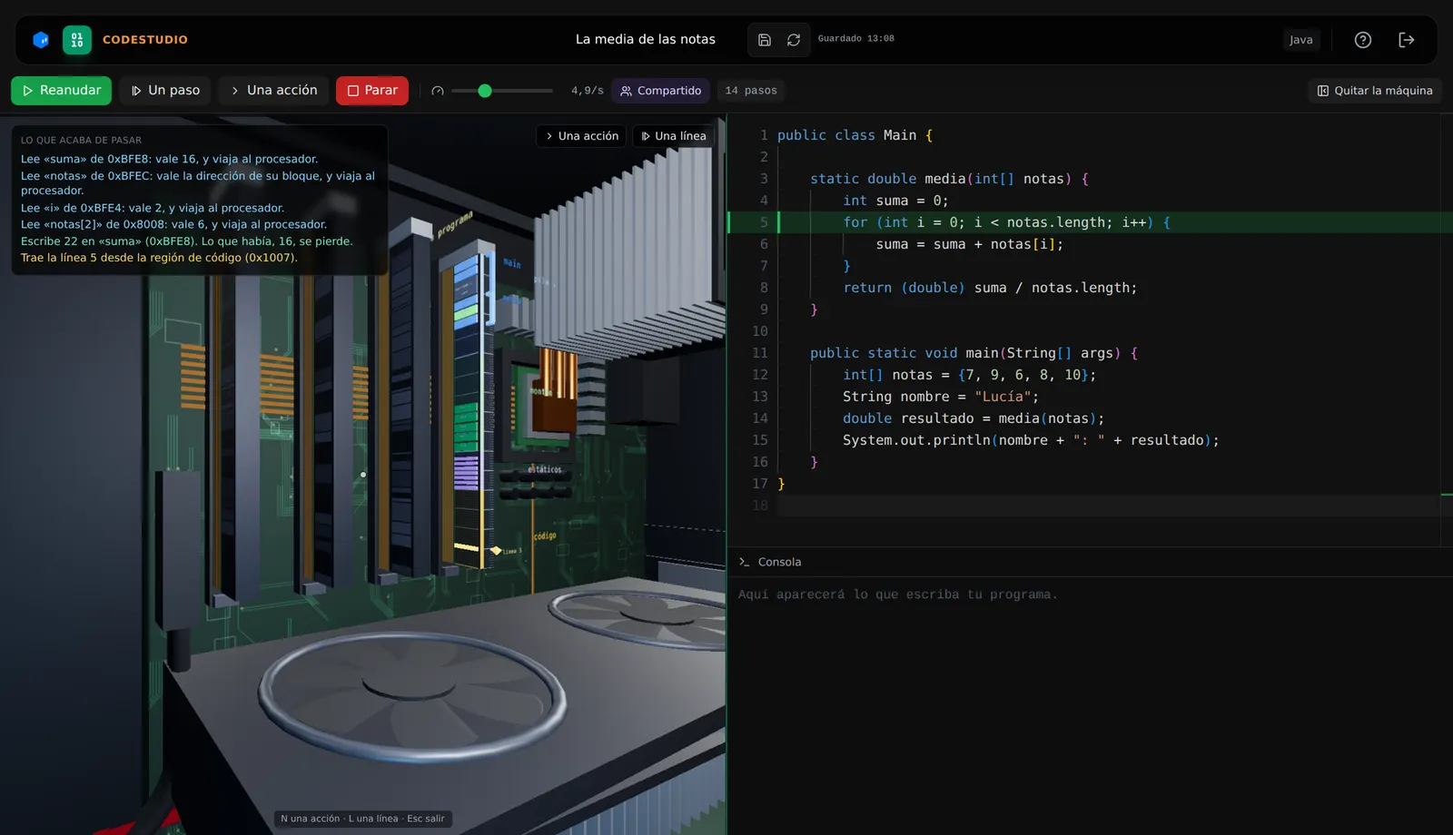 CodeStudio: un programa en Java y el ordenador en 3D que lo ejecuta