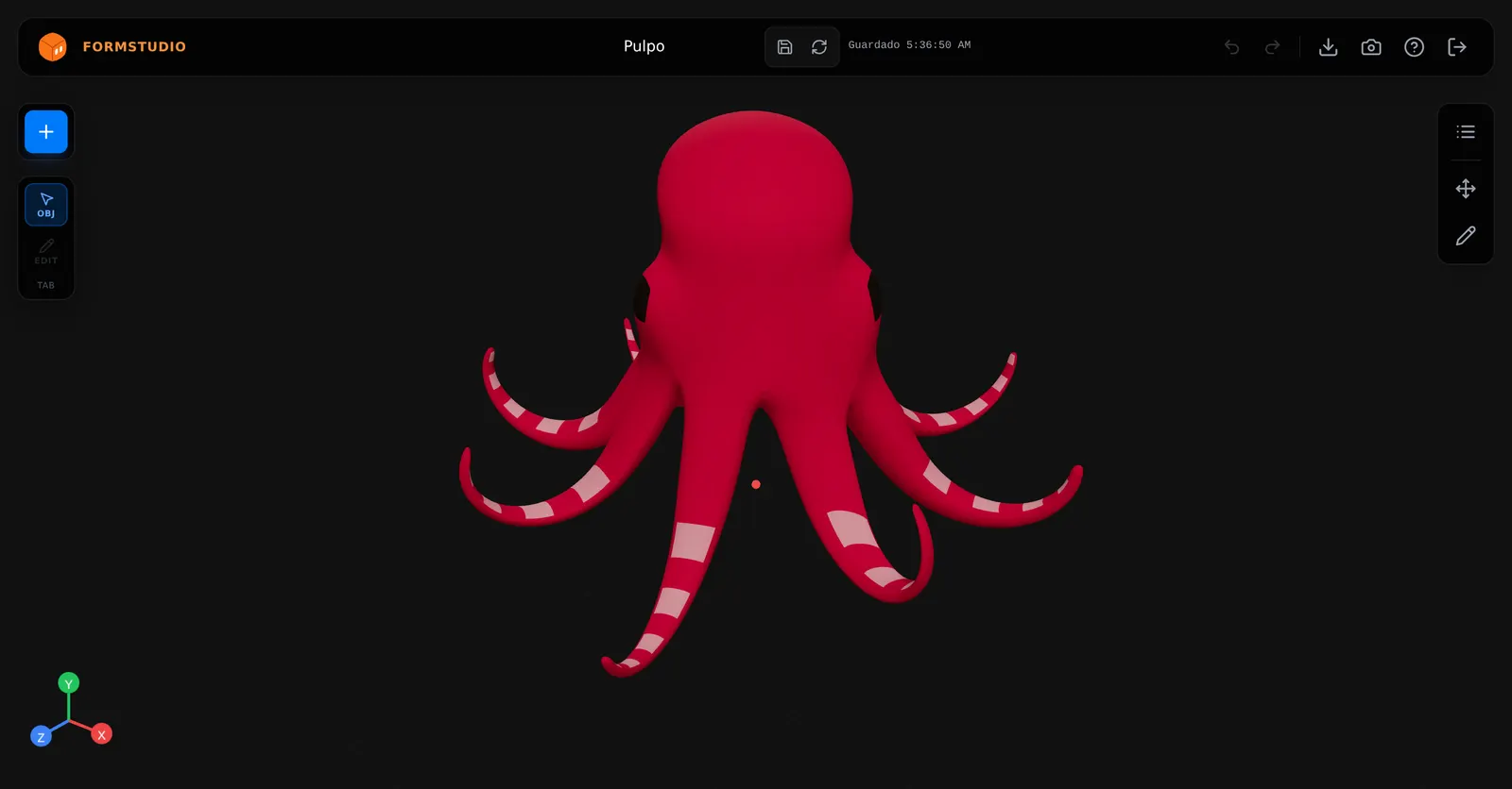 Pulpo modelado con formas orgánicas en FormStudio