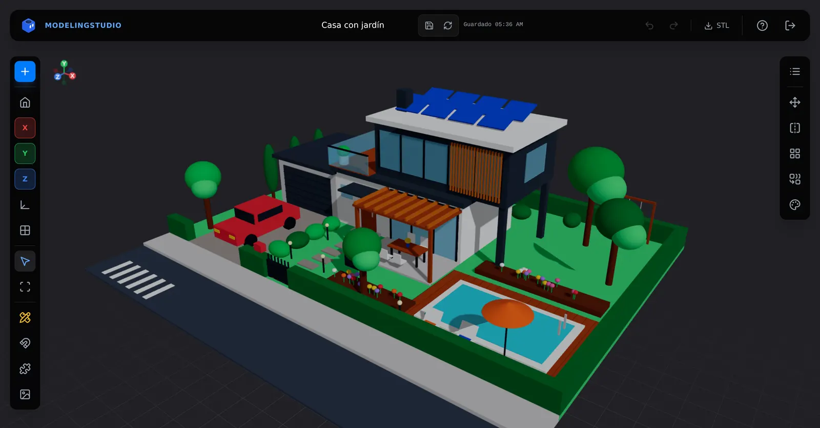 Casa con jardín modelada con figuras geométricas en ModelingStudio