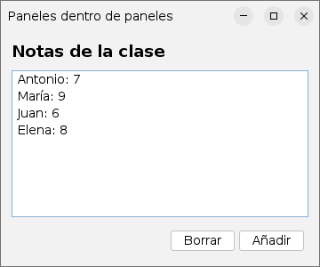 La ventana resultante: el título arriba, la lista de notas en el centro y los botones Borrar y Añadir abajo a la derecha