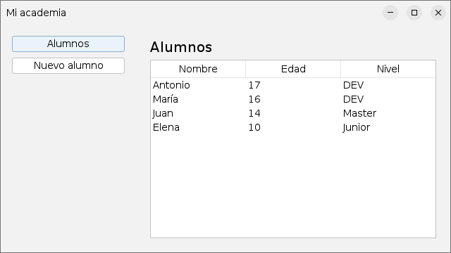 La aplicación con el menú a la izquierda y la tabla de alumnos a la derecha