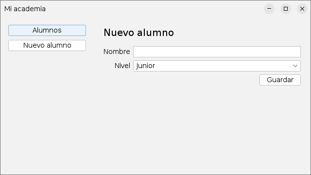 La misma ventana mostrando el formulario de nuevo alumno