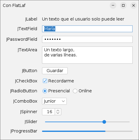 El mismo catálogo con FlatLaf: plano, con bordes finos y colores suaves