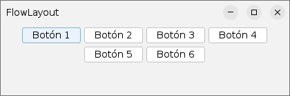 Seis botones con FlowLayout: cuatro en la primera fila y dos en la segunda