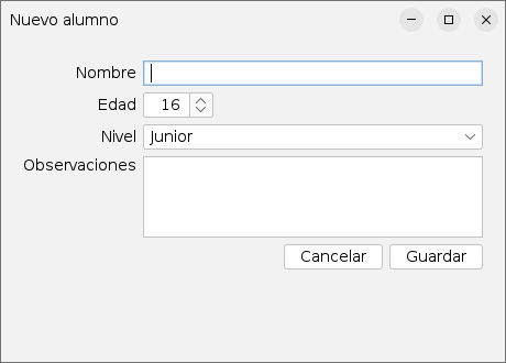 El formulario «Nuevo alumno»: etiquetas a la izquierda alineadas a la derecha, campos a la derecha que ocupan todo el ancho, y los botones Cancelar y Guardar abajo a la derecha