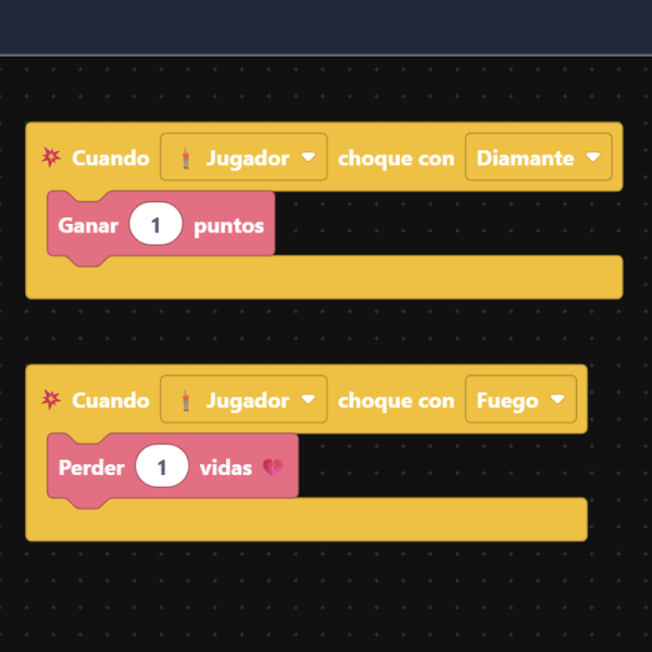 Bloques de programación: cuando el jugador choca, gana o pierde puntos